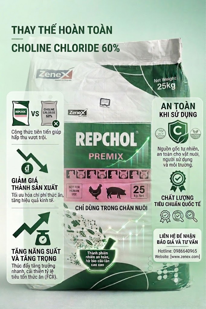 Repchol Premix - Thay thế Choline Chloride 60% - 99%